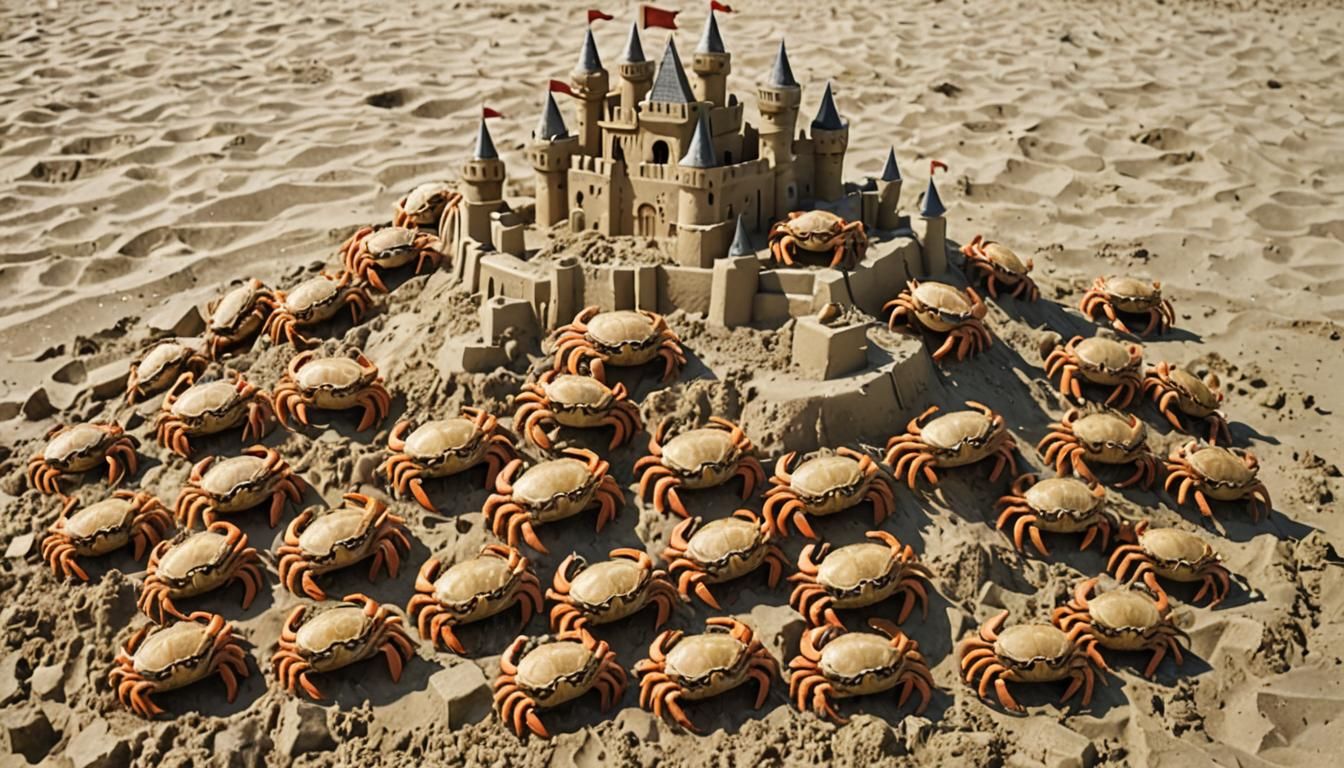 Crabs Assaulting Sandcastle on Beach