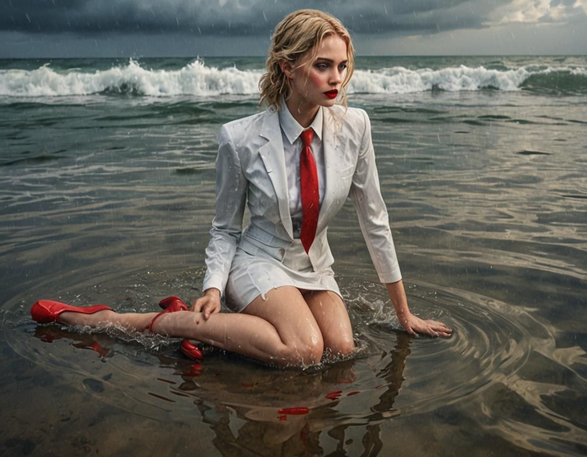 Glamorous Woman in Red Kneeling in the Sea