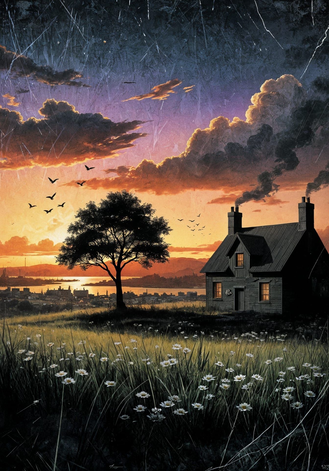 Gritty Comic Art: Cottage in Countryside at Sunset