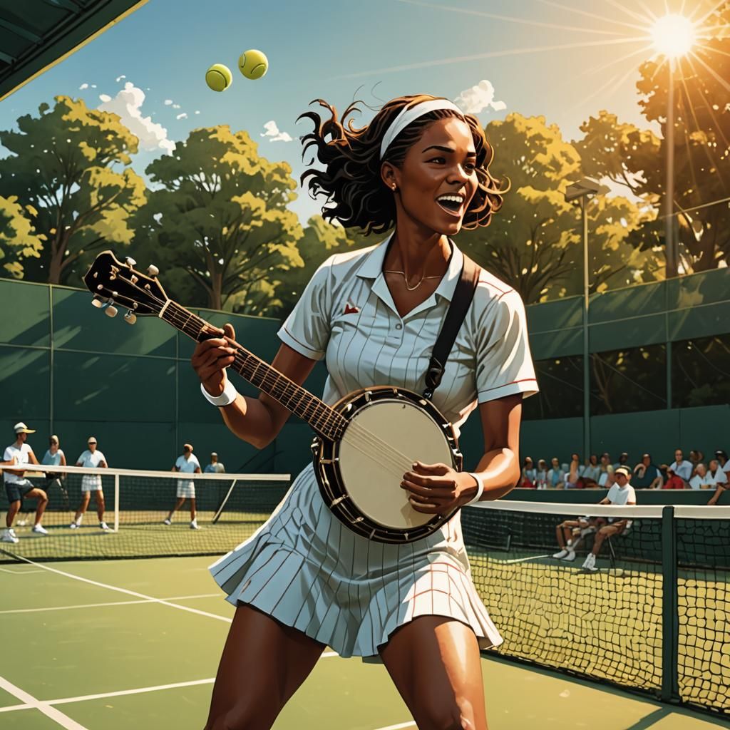 Banjo-Playing Tennis Star in Comic Book Style