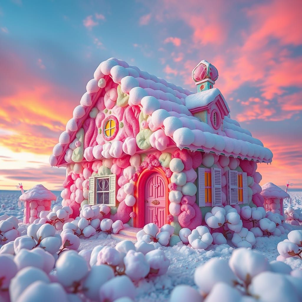 Vibrant Cotton Candy House in Hyperrealistic Style