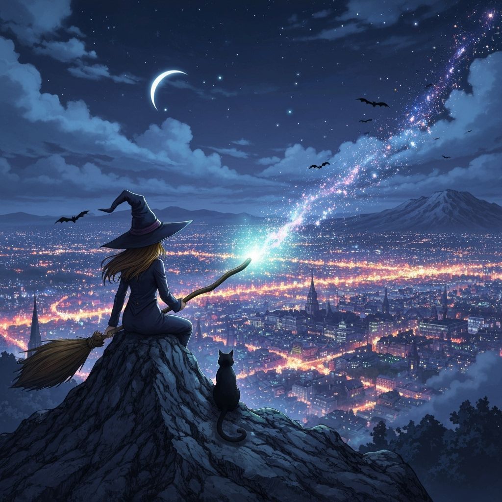 Mystical Witch and Enchanted City at Night