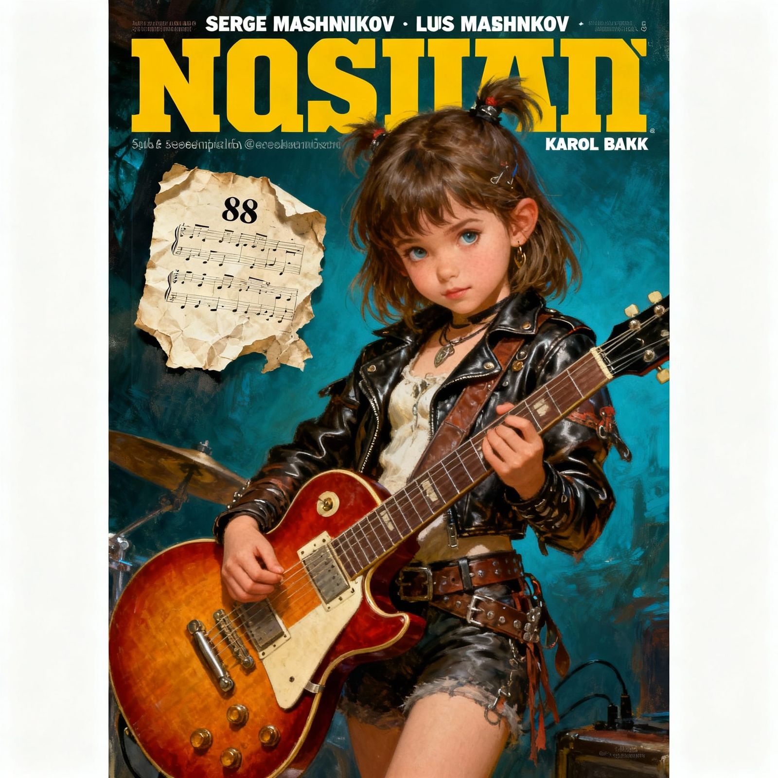 an adorable cute girl holding an Electric Guitar wearing leather old crumple music sheet 88 :: Serge Marshennikov, Luis ...