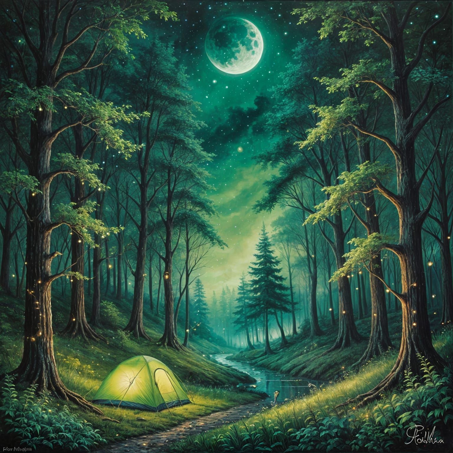 Neon Forest Camping: Whimsical Oil Painting