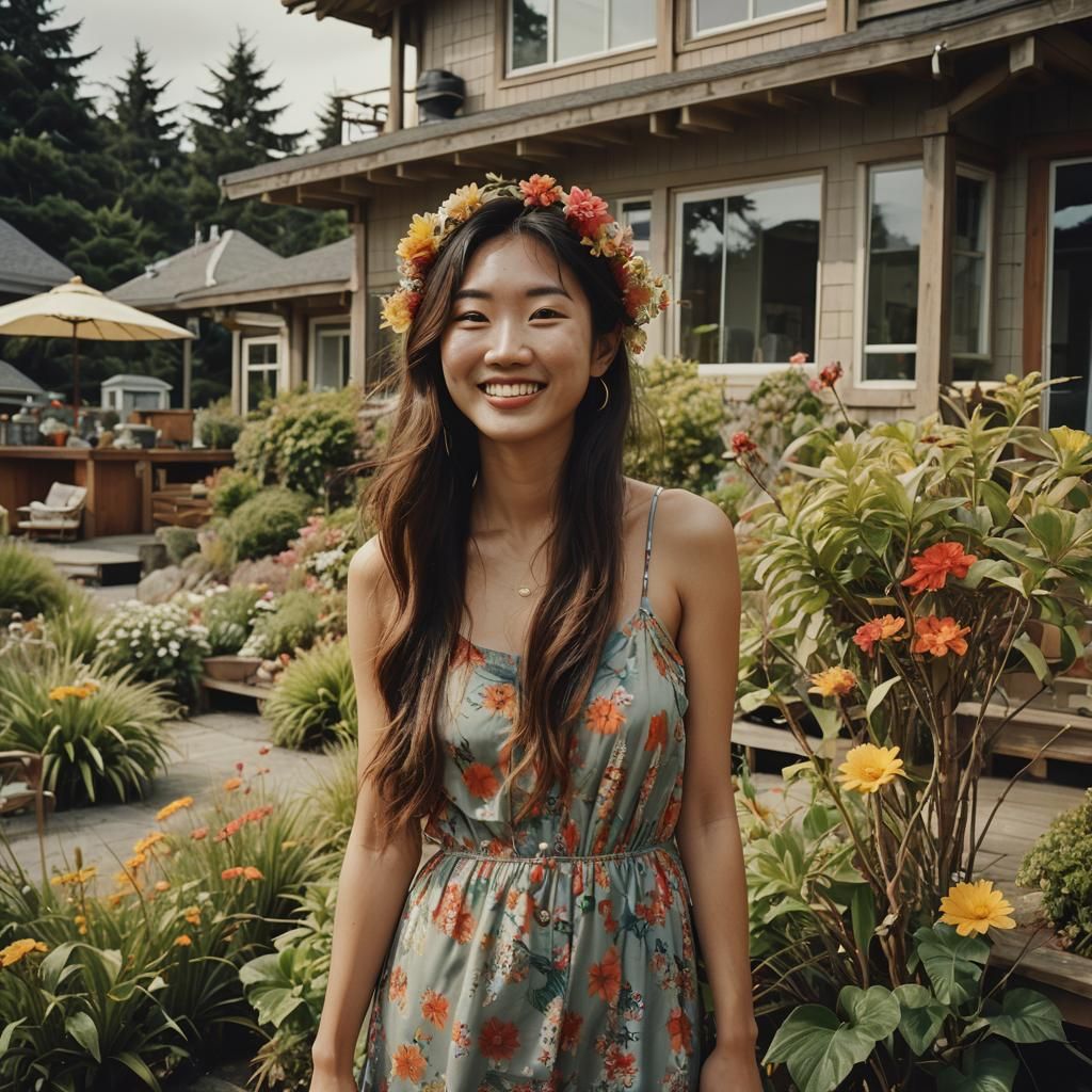 Korean Woman at Modern Beach House: Cinematic Film Still