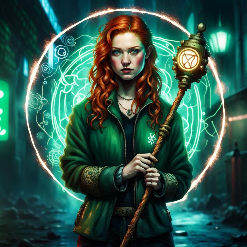Cyberpunk Bonnie Wright Lookalike with Magic Staff