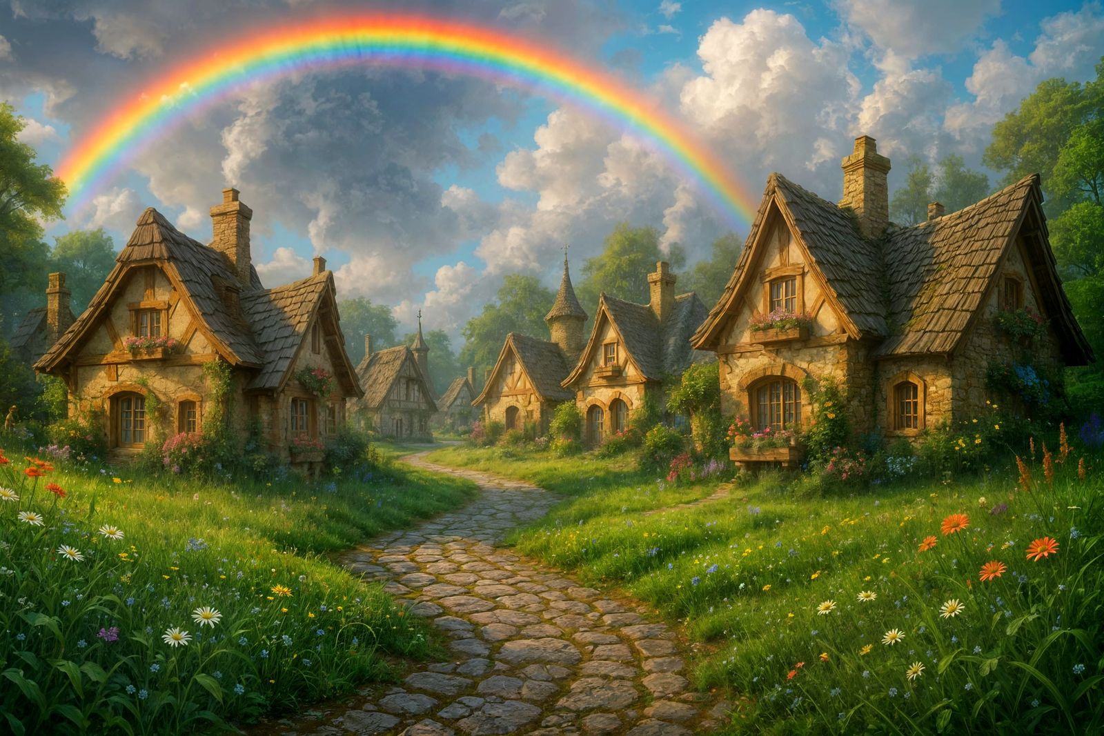 Fairytale Village with Rainbow in Photorealistic Style