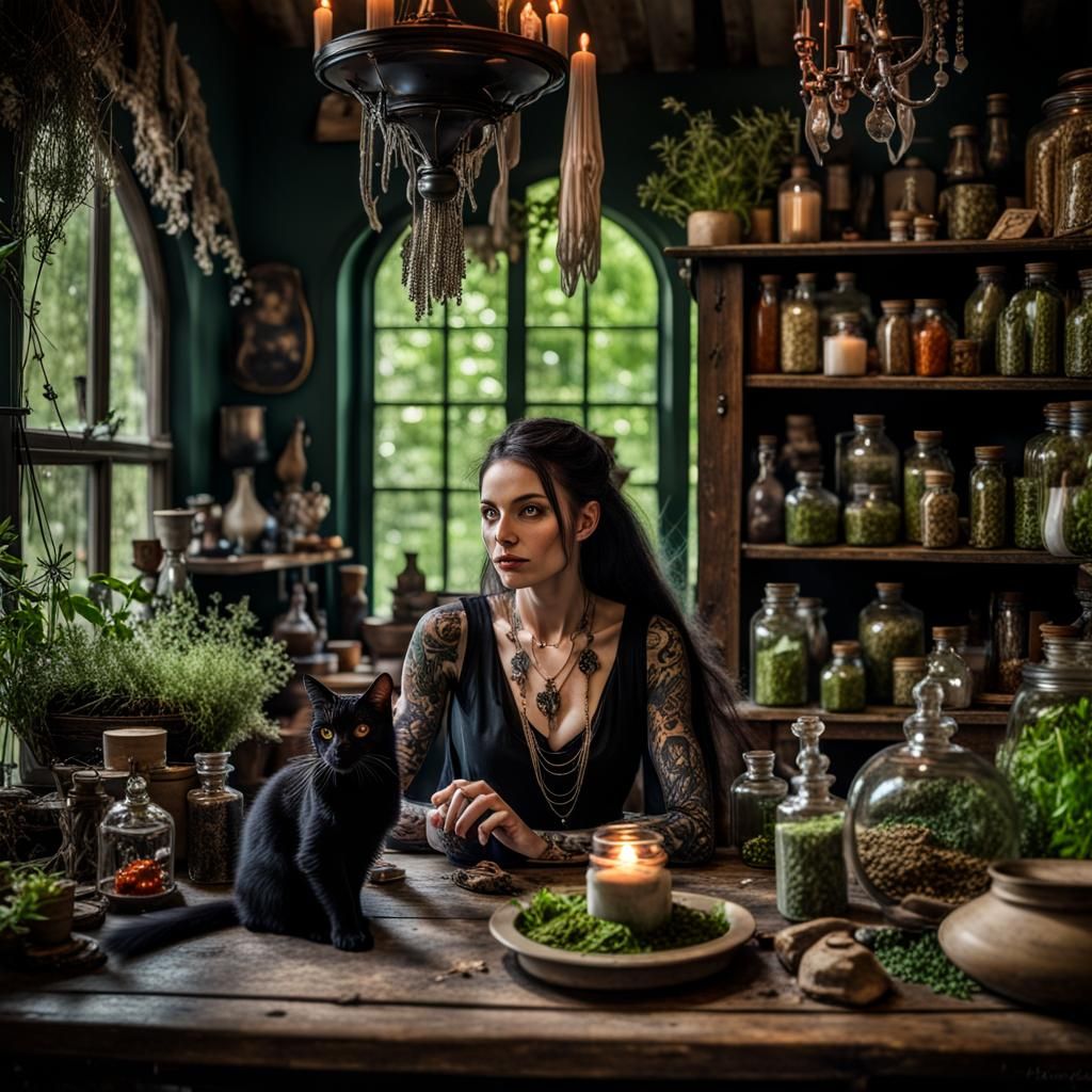 Bohemian Witch in Cottage, Hyperrealistic Image