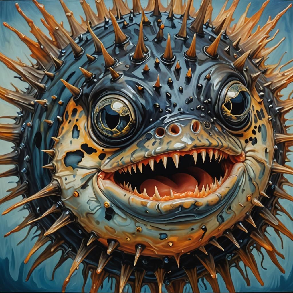 Surreal Black Puffer Fish with Impasto Texture