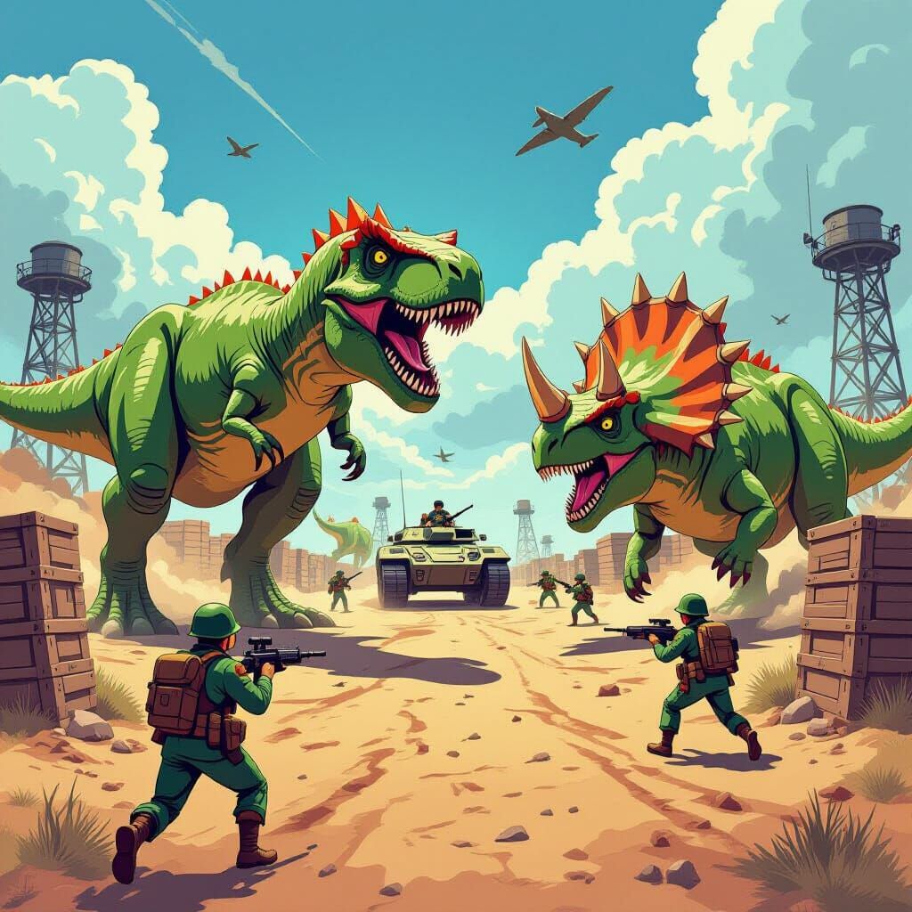 Dinosaurs Attack Fortified Cat Base in Cartoon Style