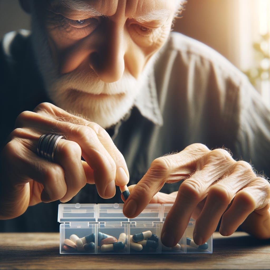 Elderly Man Focuses on Removing Pill from Pillbox