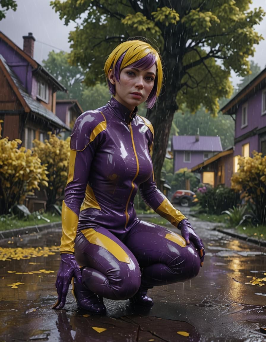 Woman in Latex Suit Kneeling in Rain, 3D Render