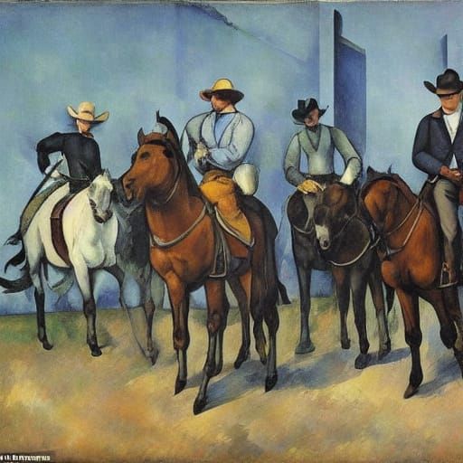Cowboy and Cat with Bat in Cezanne and Magritte Style