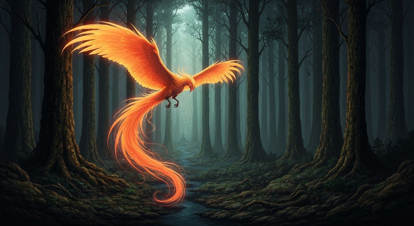 Glowing Phoenix in Dark Forest Matte Painting