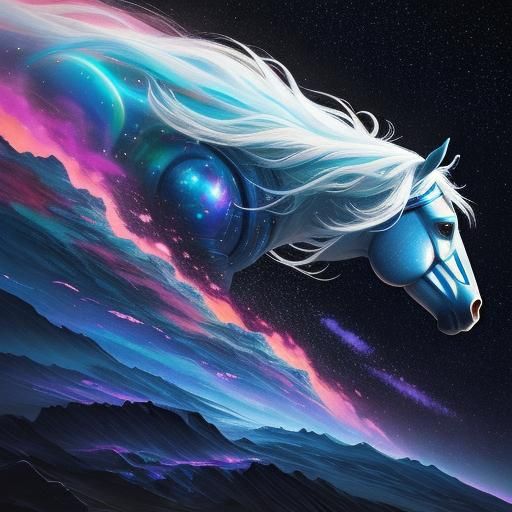 Surreal Women in Space with Iridescent Horse