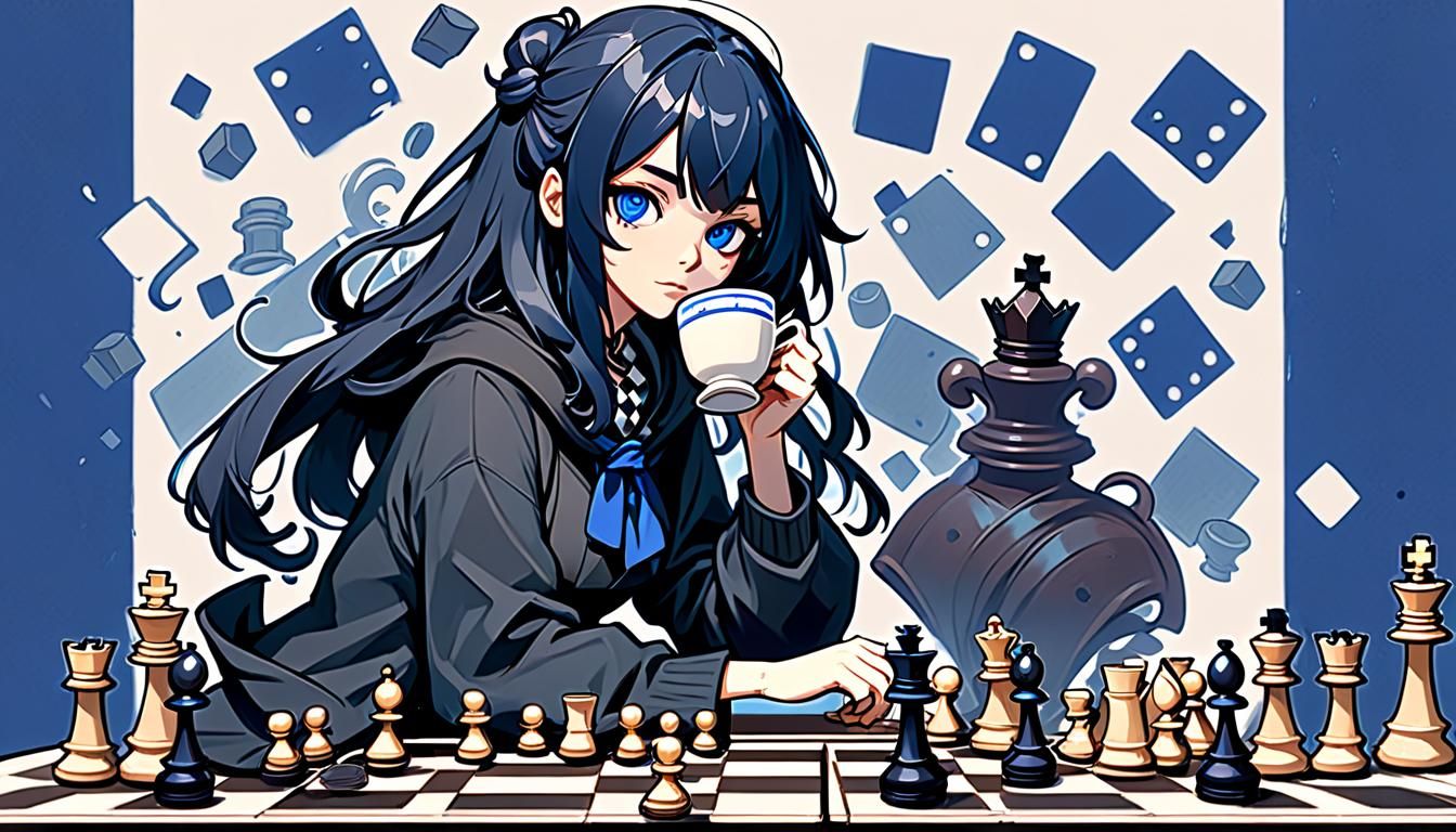 Girl with Tea and Chess Pieces: Aesthetic Illustration