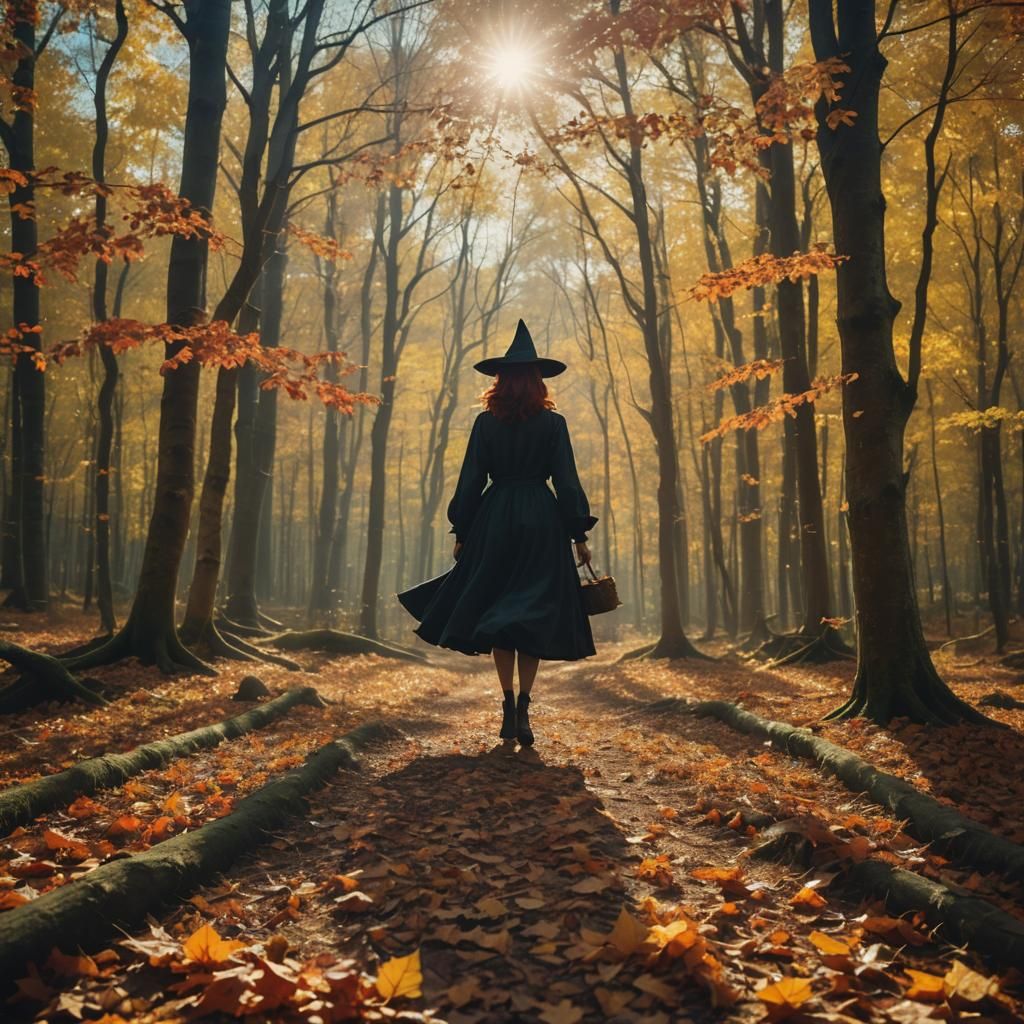 Witch in Autumn Forest with Cinematic Lighting