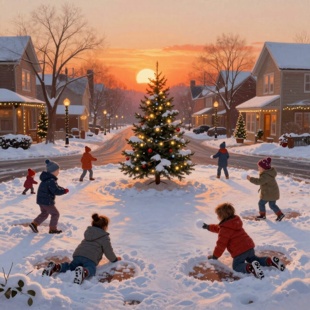 Nostalgic Christmas Scene of Children Playing in Snow