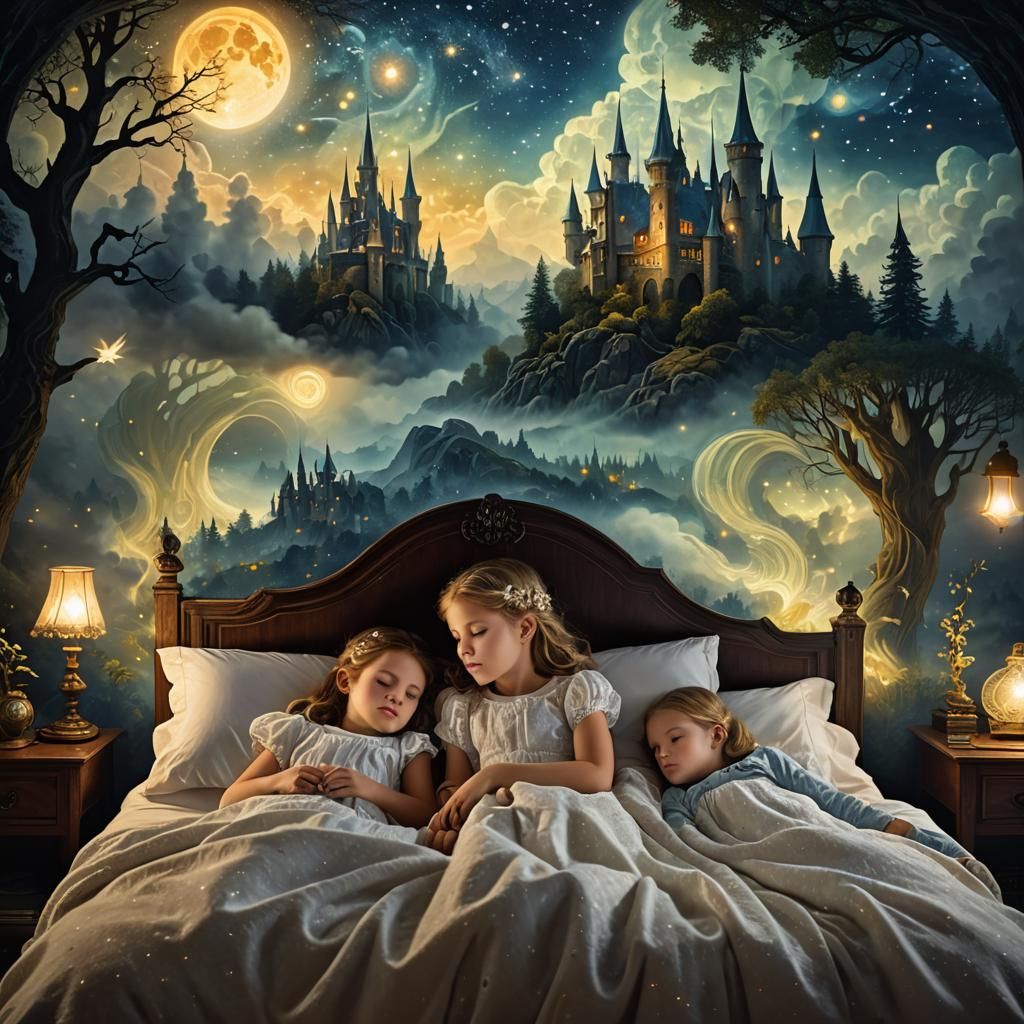 Girls Sleeping in Mythical Realm, Van Gogh Style