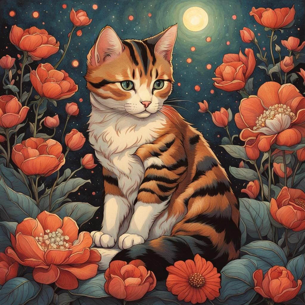 Cat with Flowers in Ethereal Style