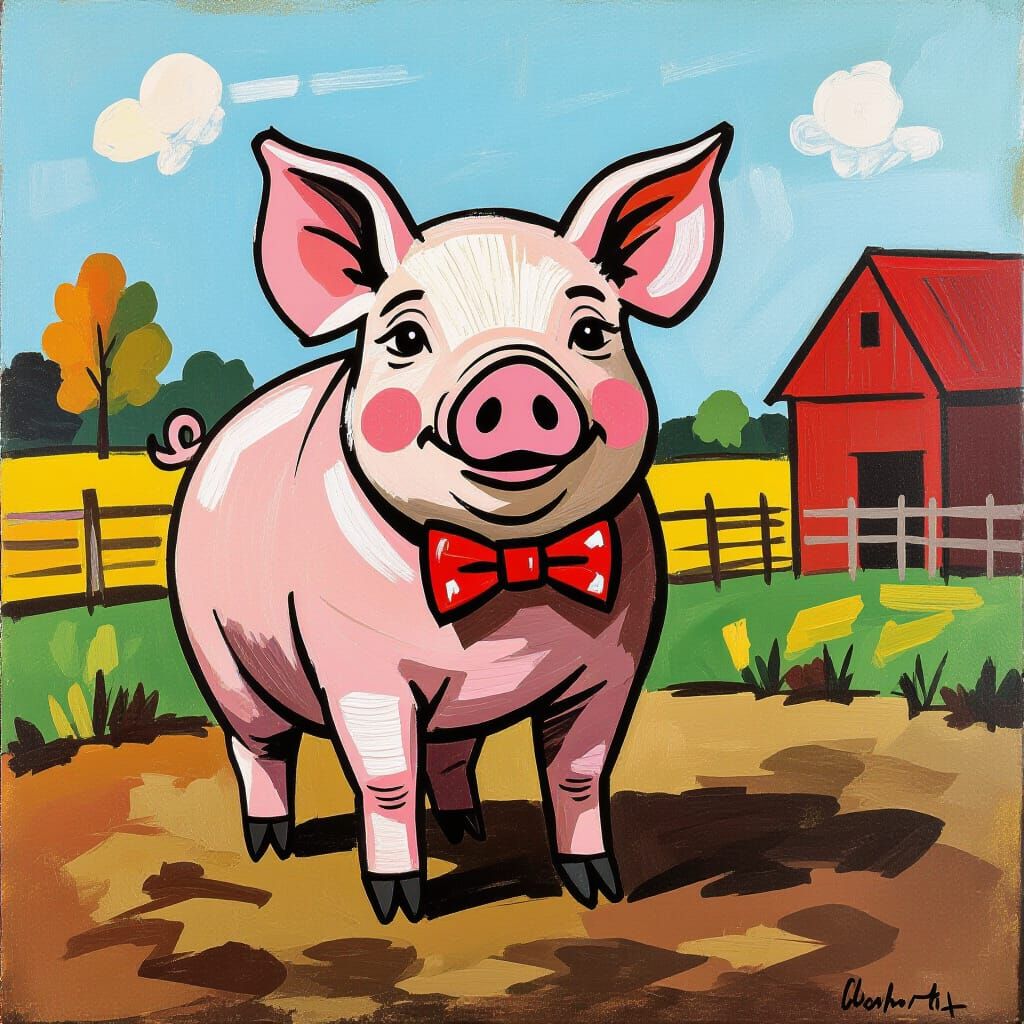 Tidy Pig in Farmyard as Art Brut Painting