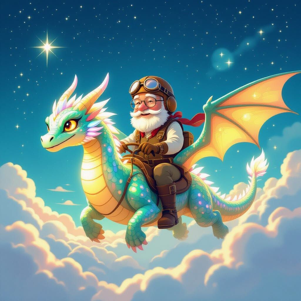 Elderly Man Pilots Bioluminescent Dragon in Starry Sky