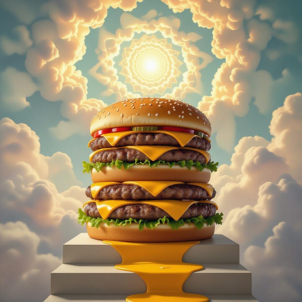 Cheeseburger Staircase to Dream Sky, Hyperrealistic Pop Art