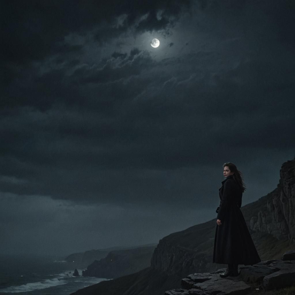 Mystical Woman on Cliff Edge in Dark Fantasy Style