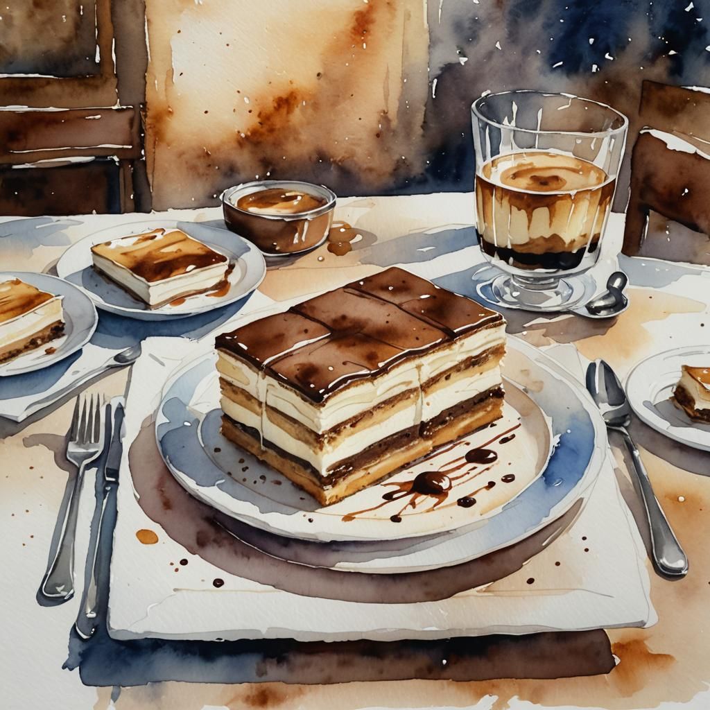 Watercolor Tiramisu in Restaurant