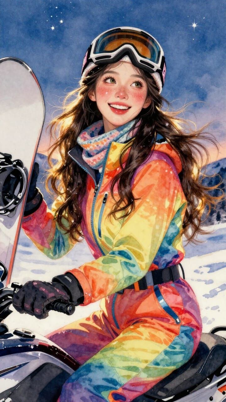 Asian Woman in Rainbow Snowsuit on Snowmobile