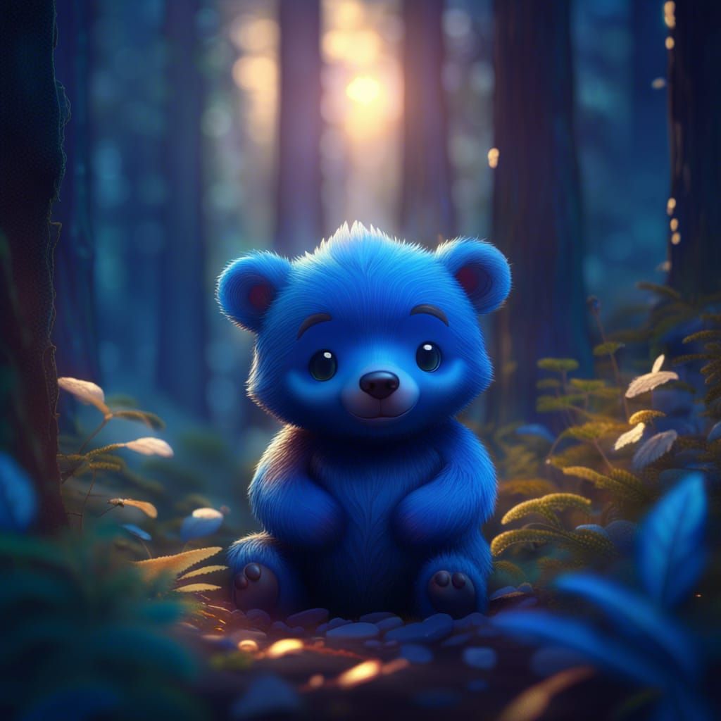 Blue Bear in Forest Sunset: Fantasy Concept Art