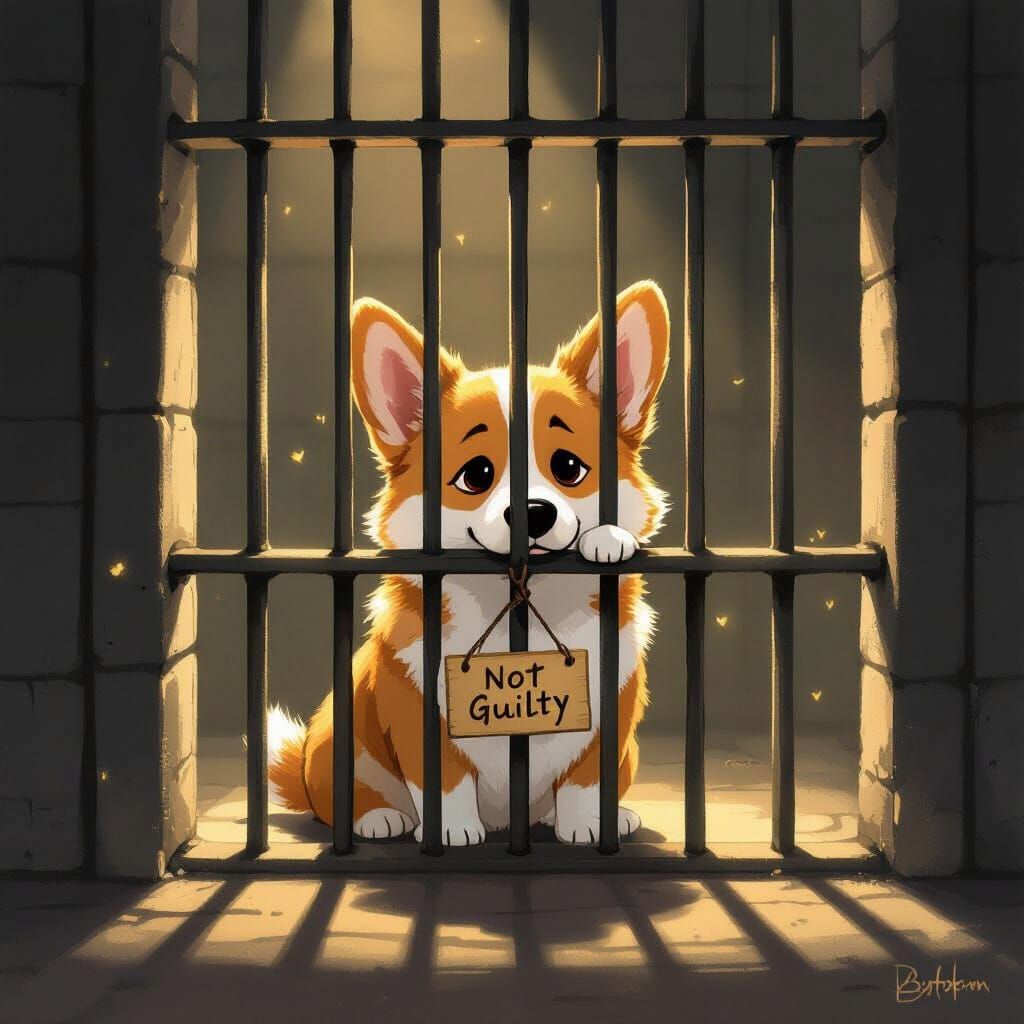 Melancholic Corgi in Jail, Storybook Illustration