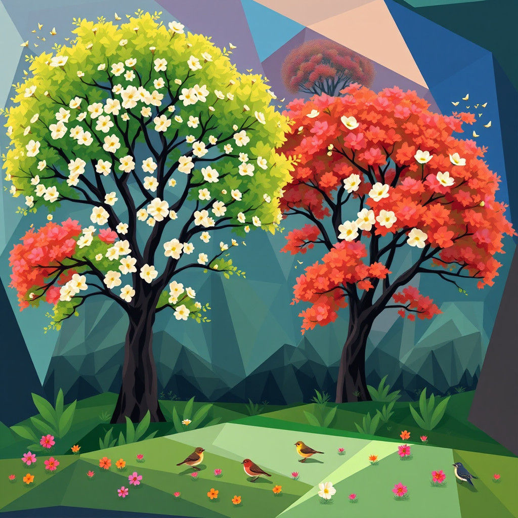 Vibrant Neo-Cubist Spring Scene with Blooming Flowers and Ge...