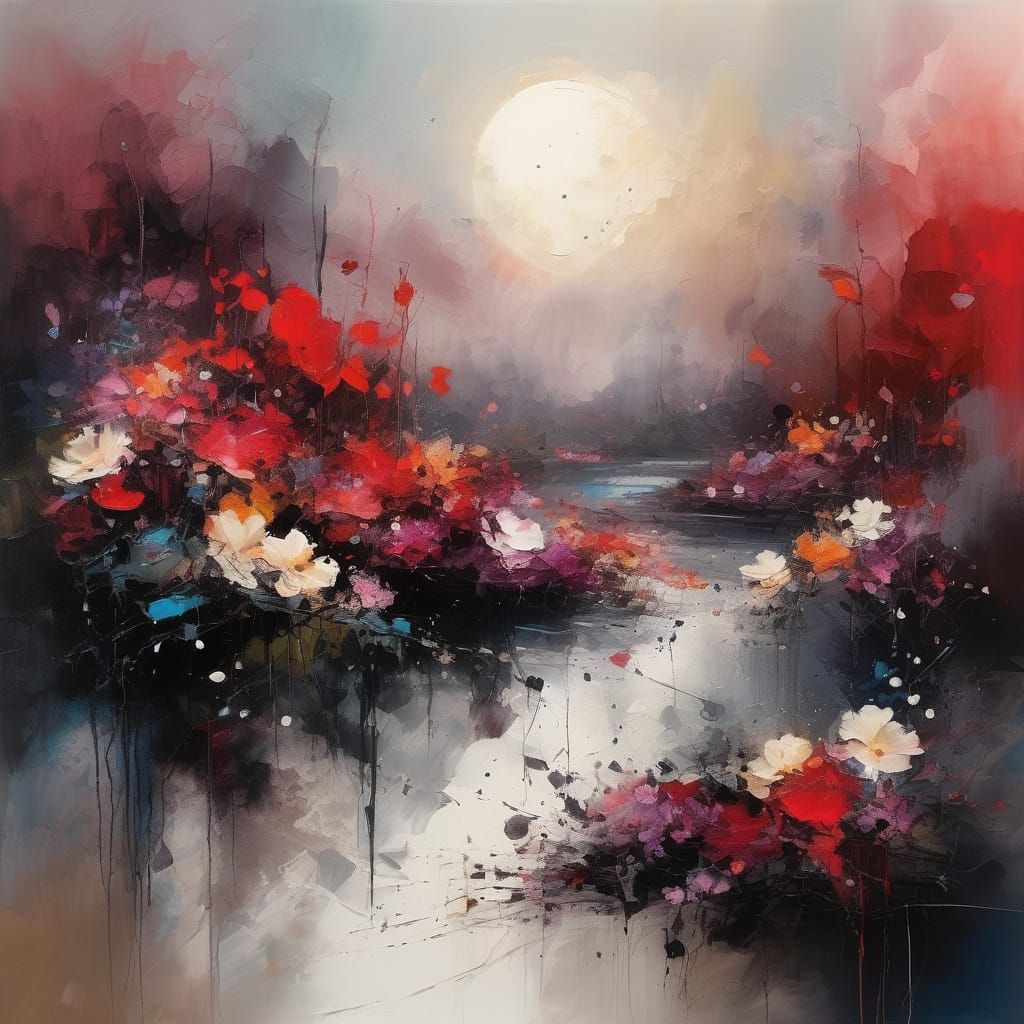 Lush Moonlit Landscape in Watercolor Ink Splatter Art