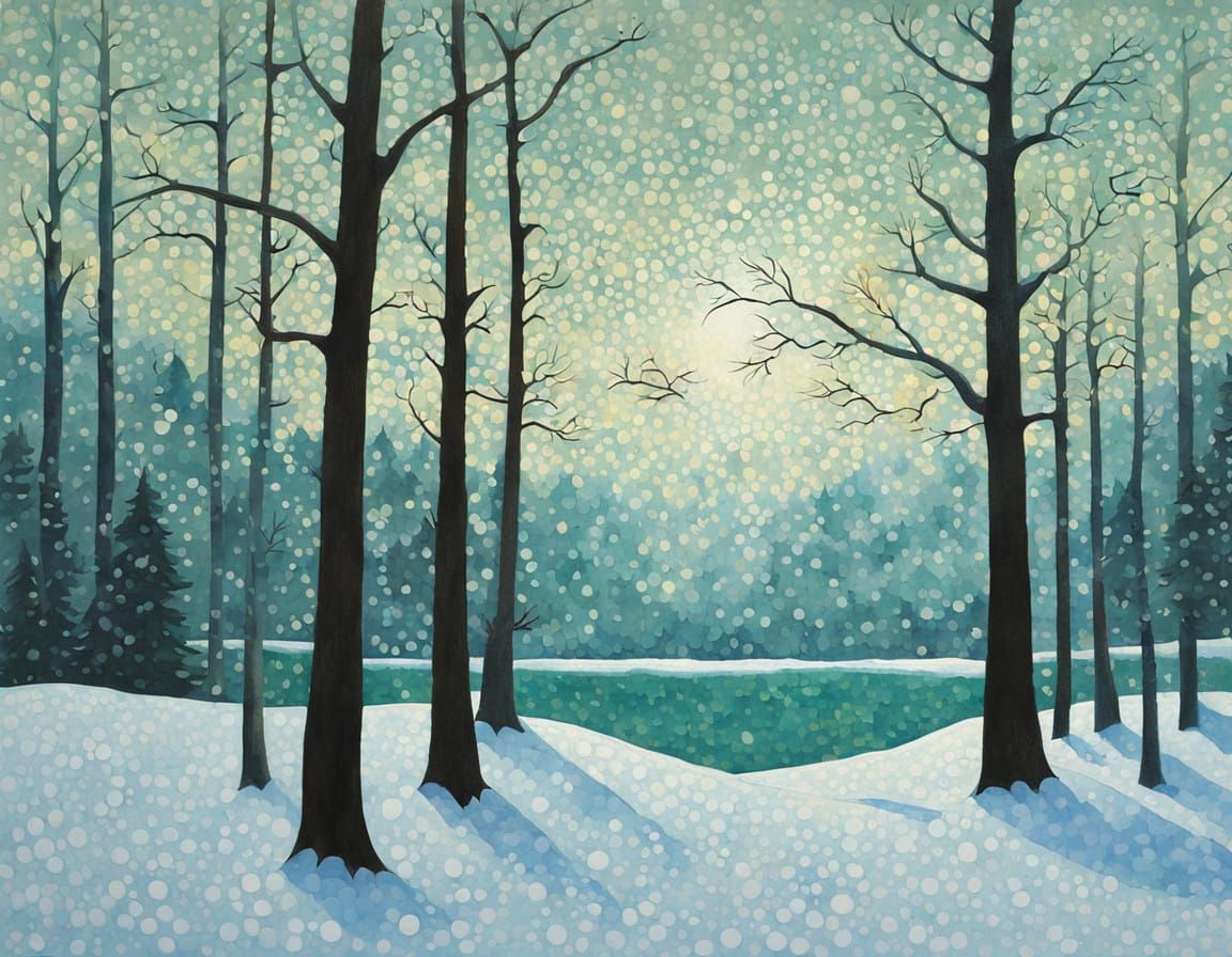 Pointillist Winter Wonderland with Icy Blues and Frosty Gree...