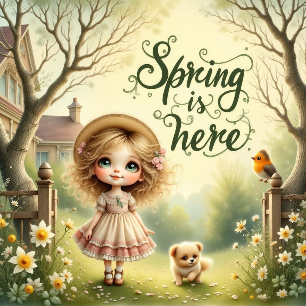 Whimsical Springtime Garden Scene in Shabby Chic Style