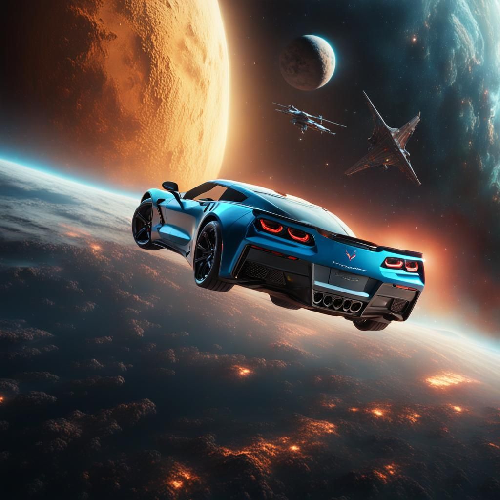 Corvette Flying Through Space: Detailed Matte Painting