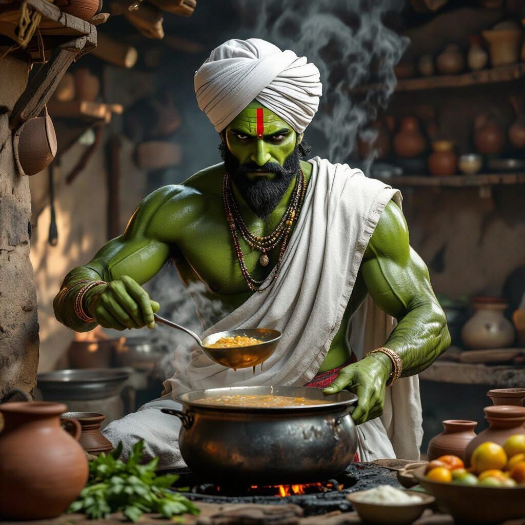 Green-Skinned Chef in Indian Kitchen: Hyper-Realistic 3D Ren...
