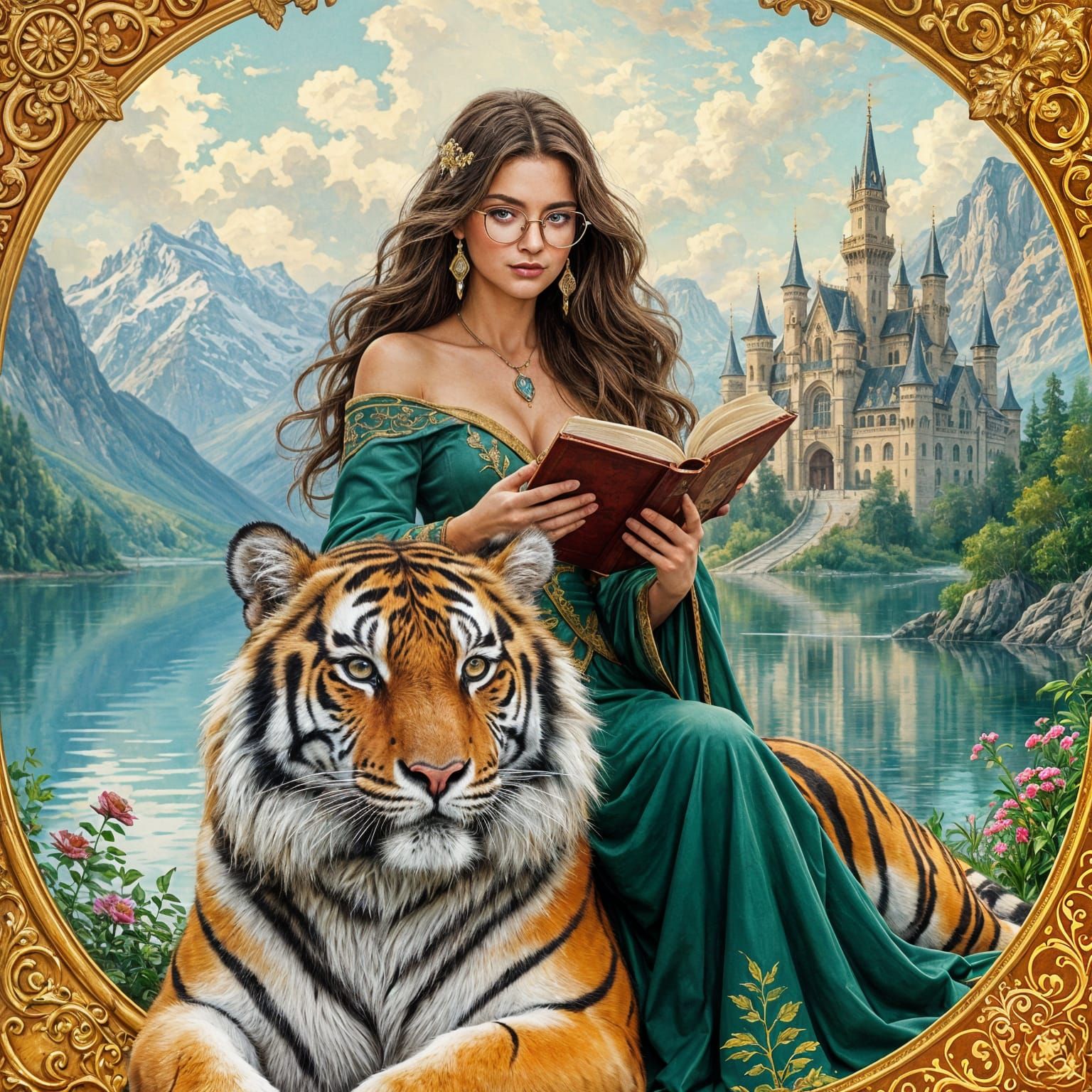 Woman Reading on Tiger in Gouache Style