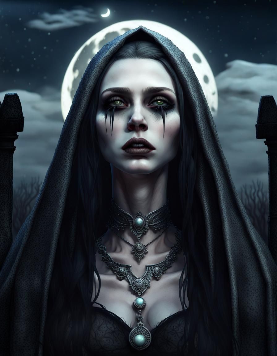 Gothic Witch Portrait in Cemetery Under Moonlight