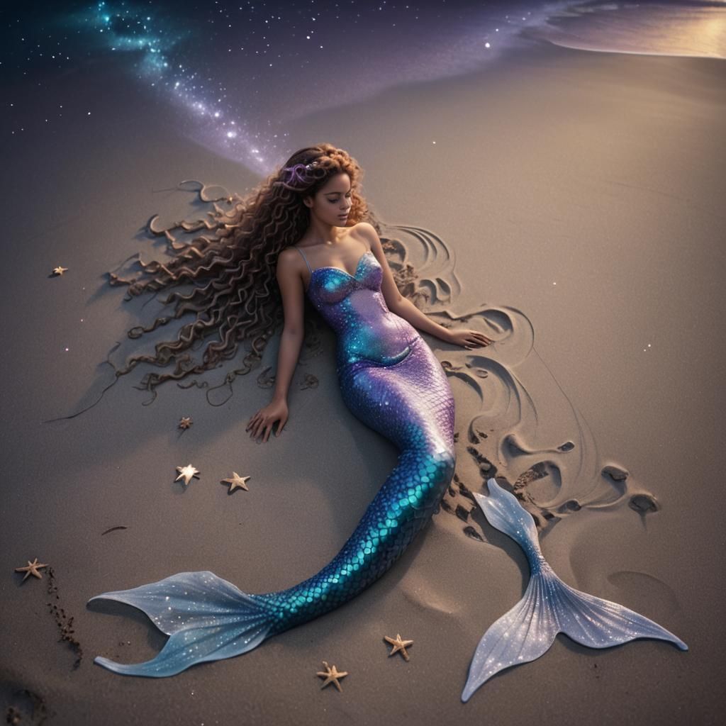 Glowing Mermaid on Starry Beach in Hyper-Realistic Photo