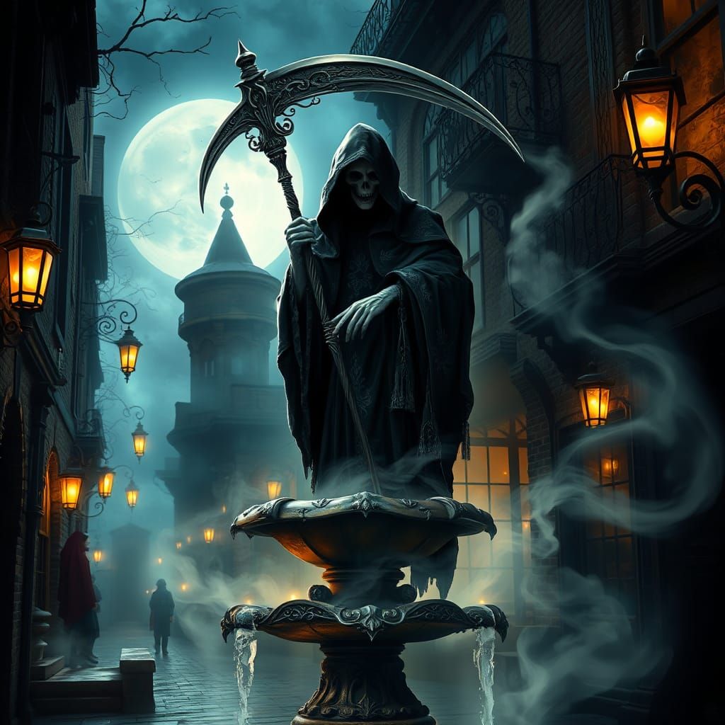 Grim Reaper in Victorian Alleyway, Gothic Ambiance