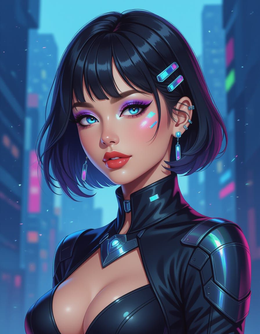 Futuristic Woman with Vibrant Hair and Holographic Makeup