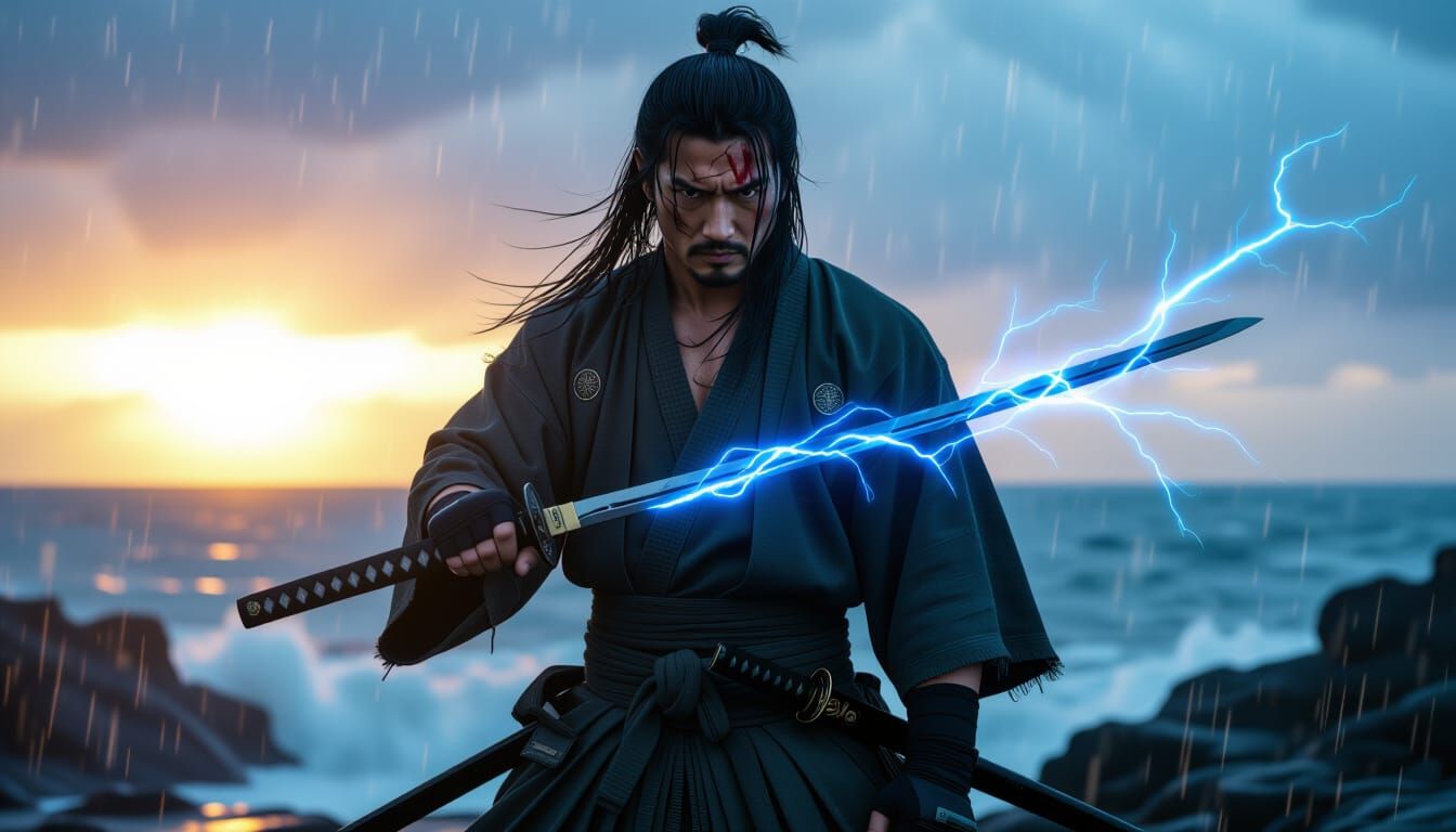 Japanese Warrior with Katana on Stormy Cliff