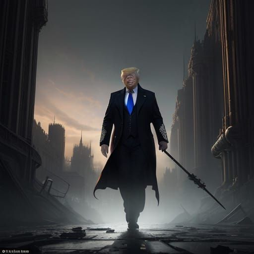 Regal Dark Fantasy Trump in Gothic Cityscape