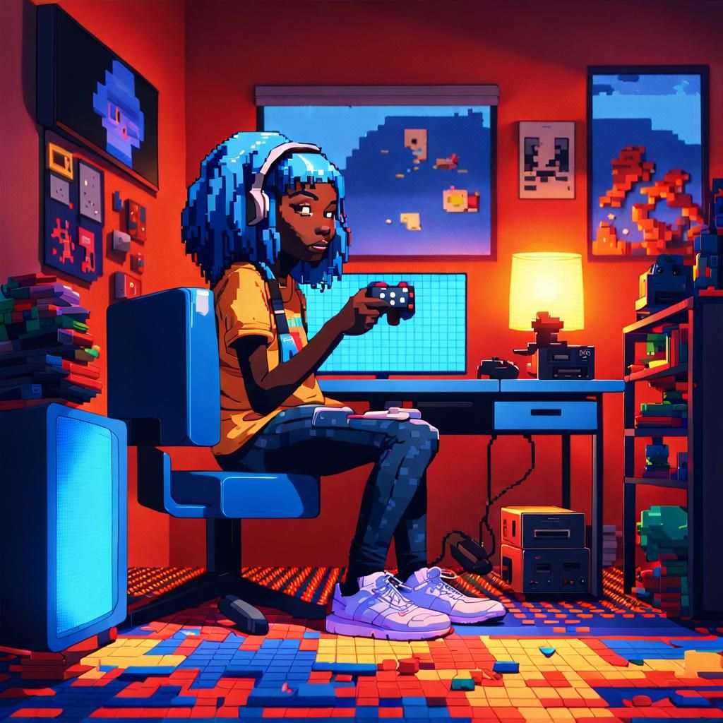 Black Girl Gamer in Pixel Art Bedroom
