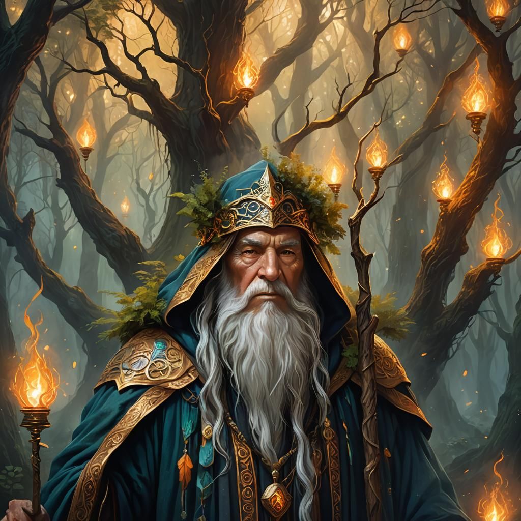 Mystical Wizard in Forest: Digital Painting