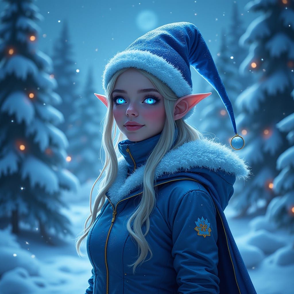 Glowing Blue Christmas Elf in Cinematic Winter Wonderland