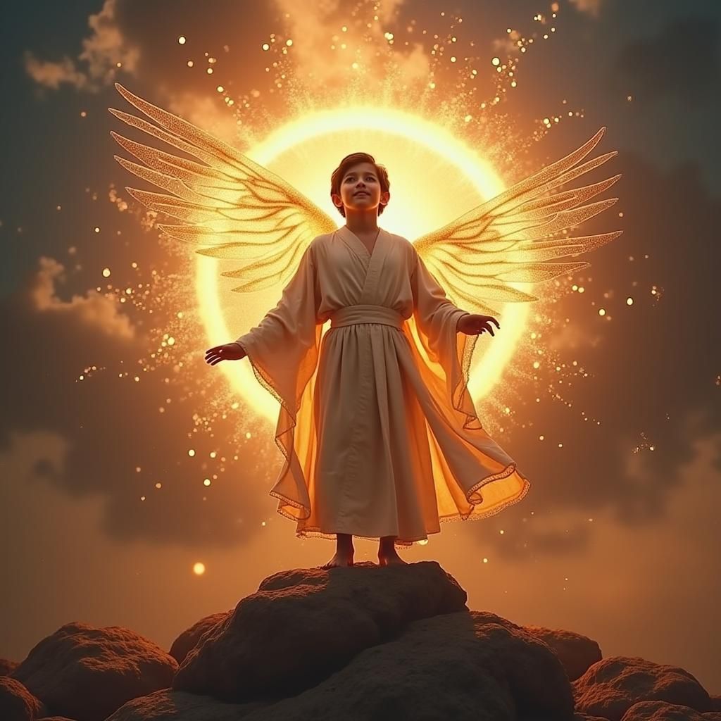 Young Boy Transforms into Heavenly Form with Wings