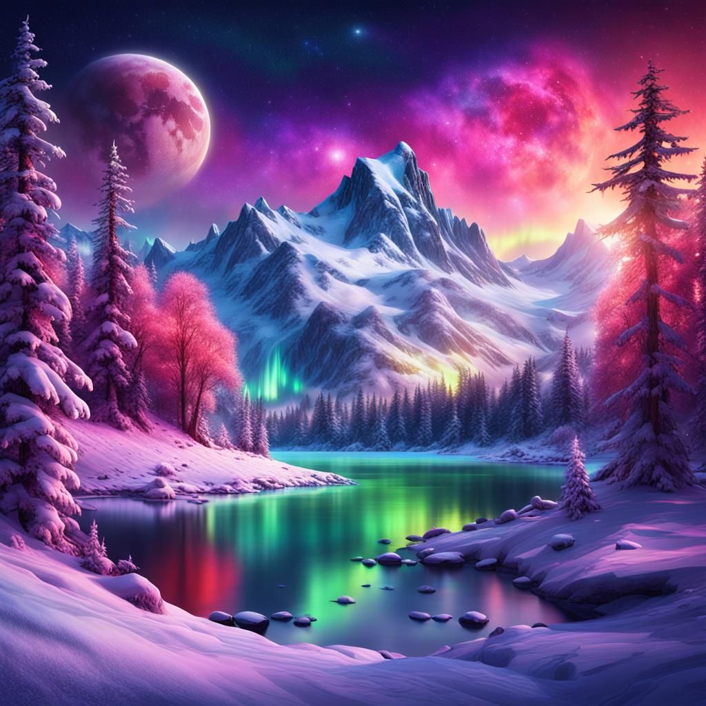 Fantasy Winter Landscape with Aurora Borealis